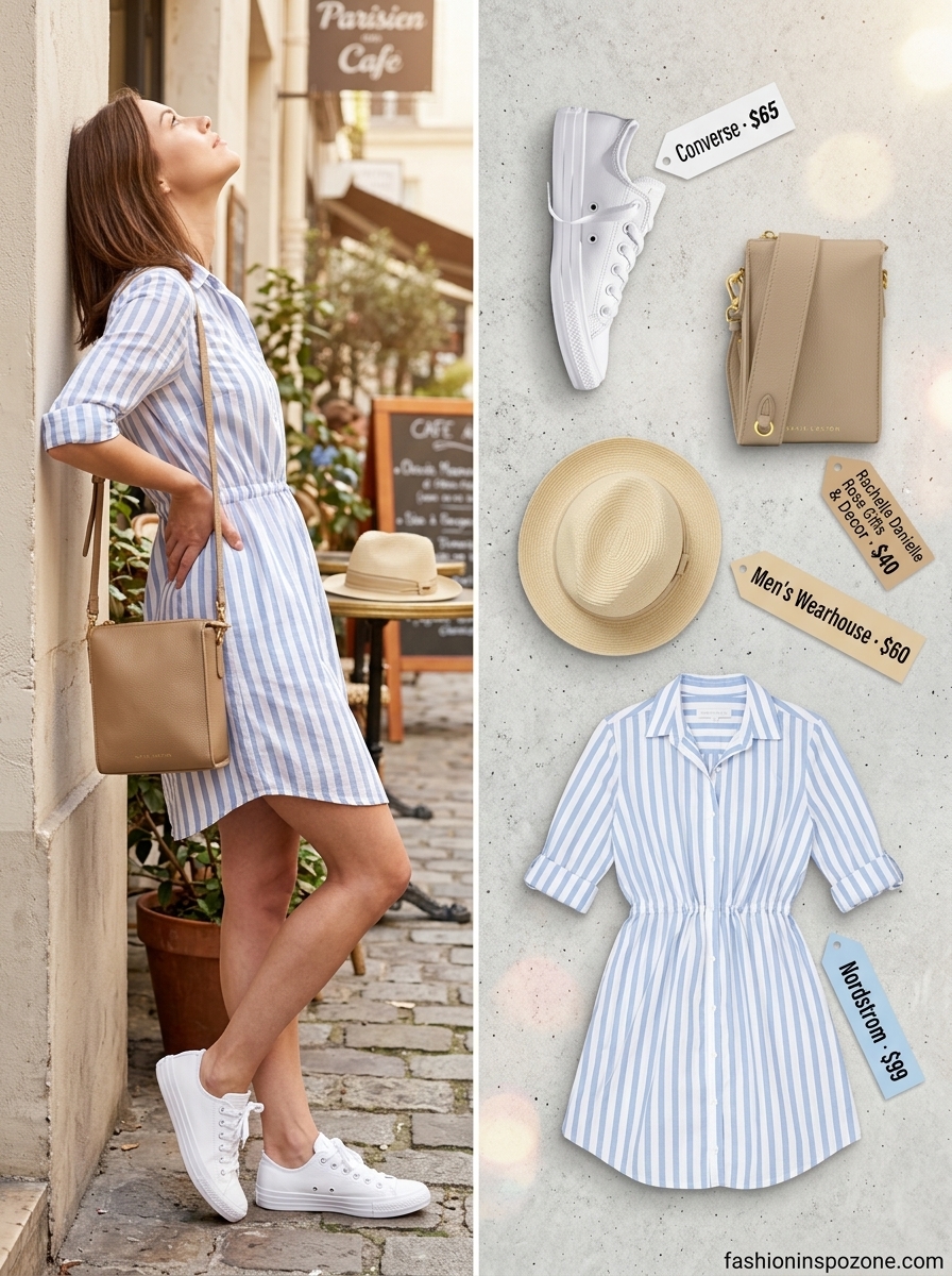 Casual every day summer outfits for women 2026: Light blue stripe shirt dress, straw hat, white sneakers, tan crossbody bag.