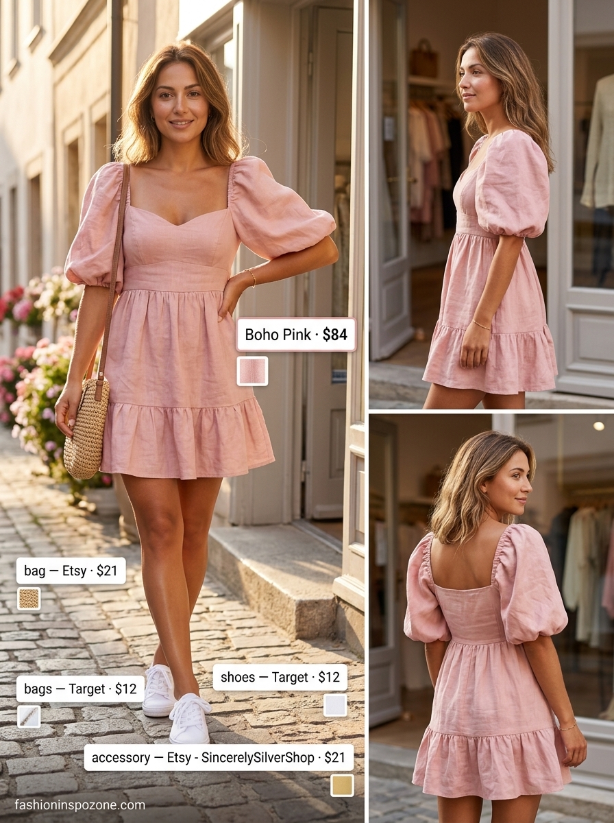 Blush pink sweetheart sundress with white sneakers and straw bag for casual every day summer outfits for women 2026.