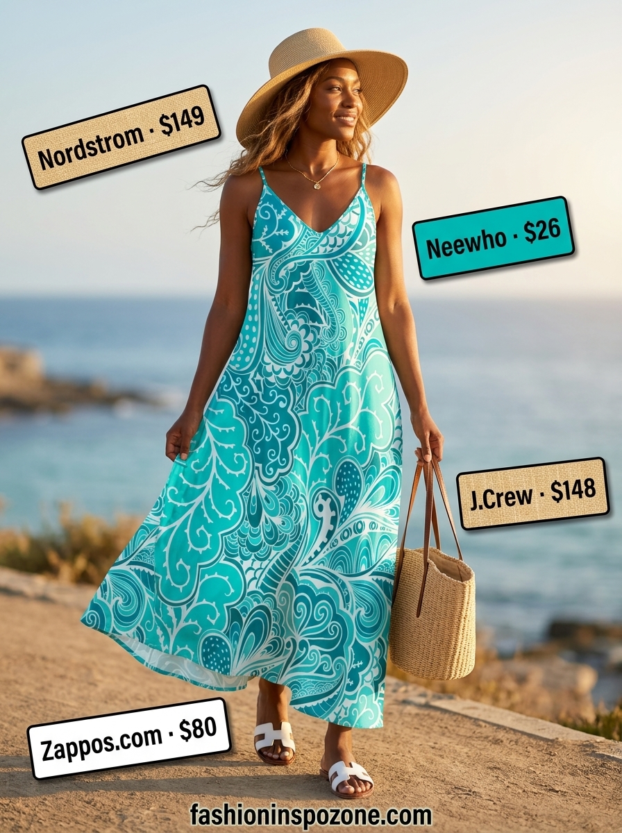 Teal abstract print maxi dress for casual every day summer outfits for women 2026. Relaxed vacation style with straw hat and sandals.