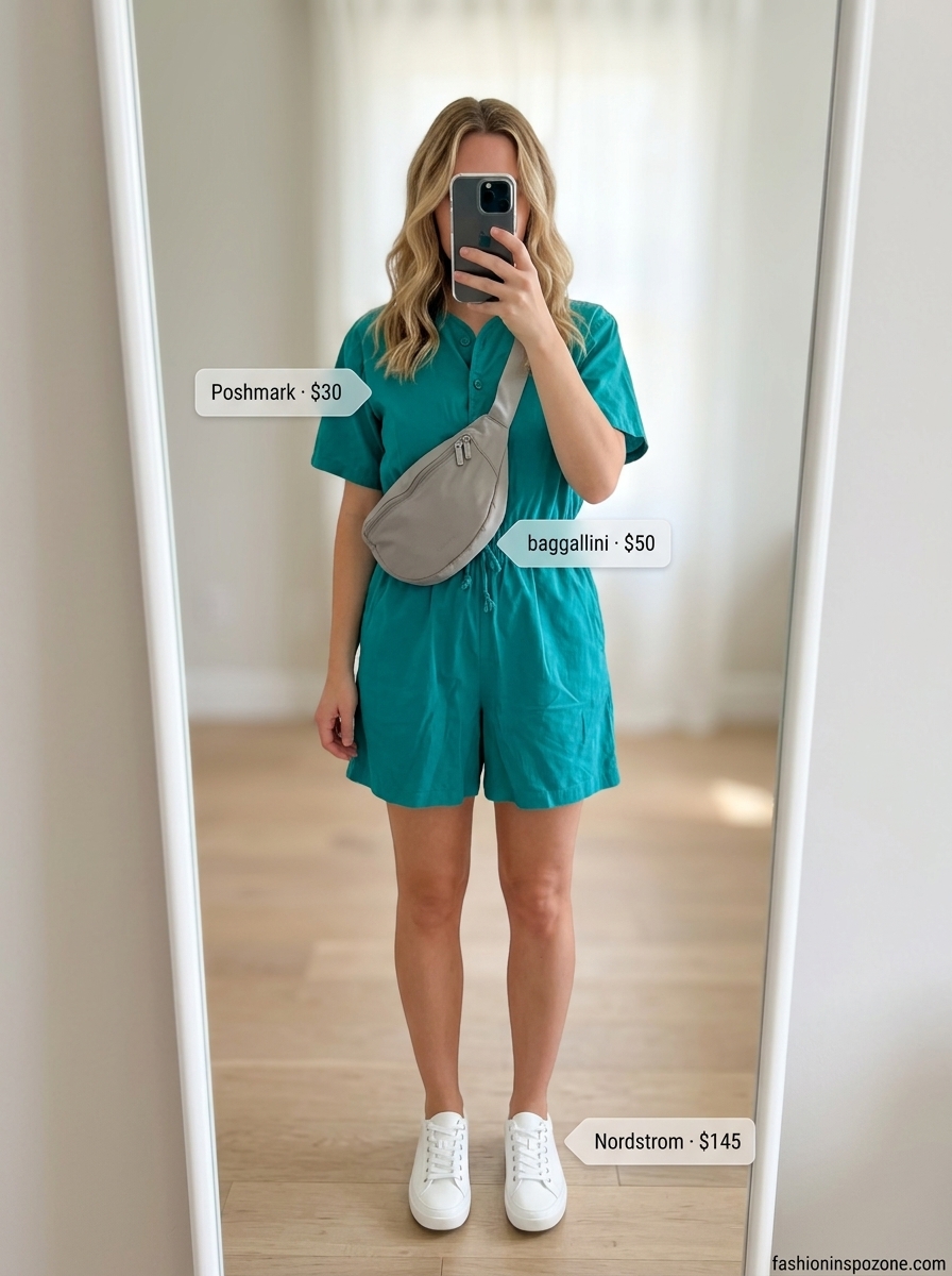 Teal romper with white sneakers for casual every day summer outfits for women 2026. Playful park day style with grey belt bag.