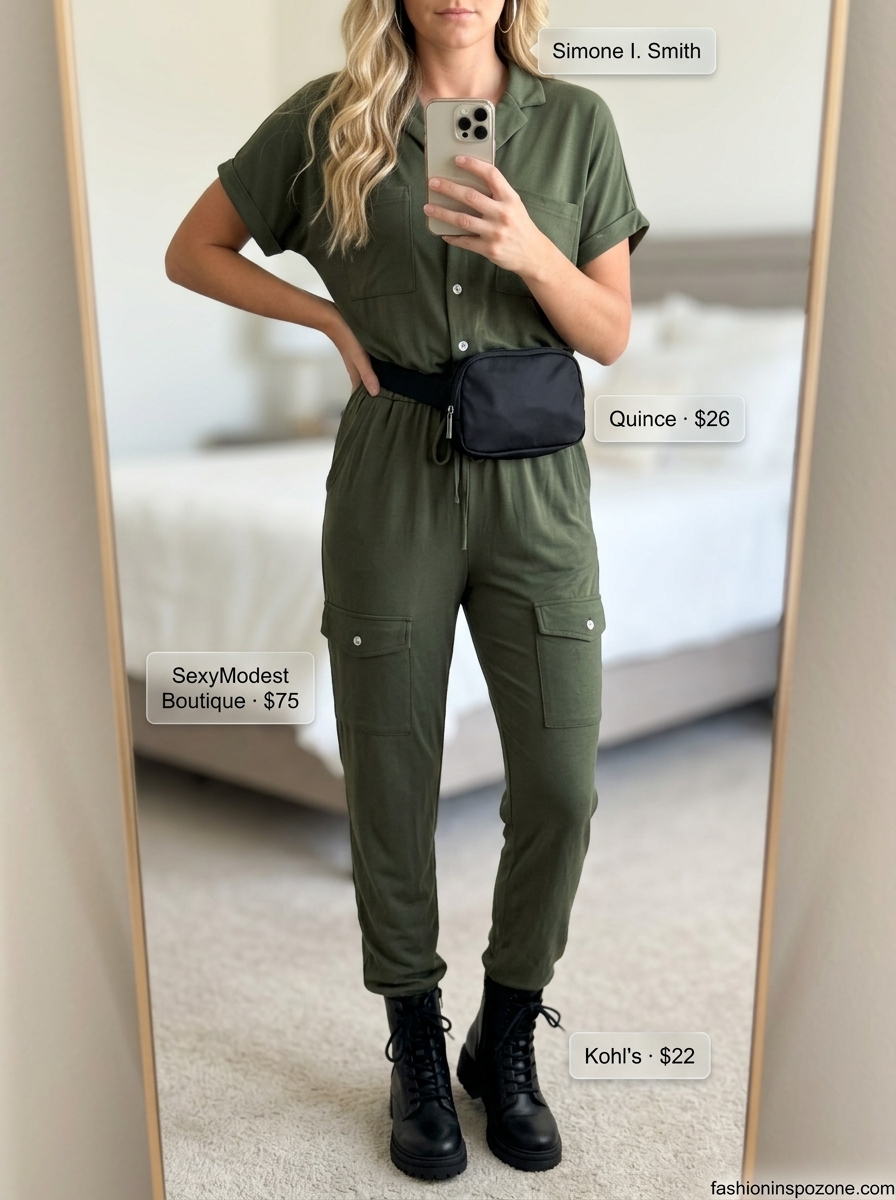Casual every day summer outfits for women 2026: Olive utility jumpsuit, combat boots, belt bag, silver hoop earrings.
