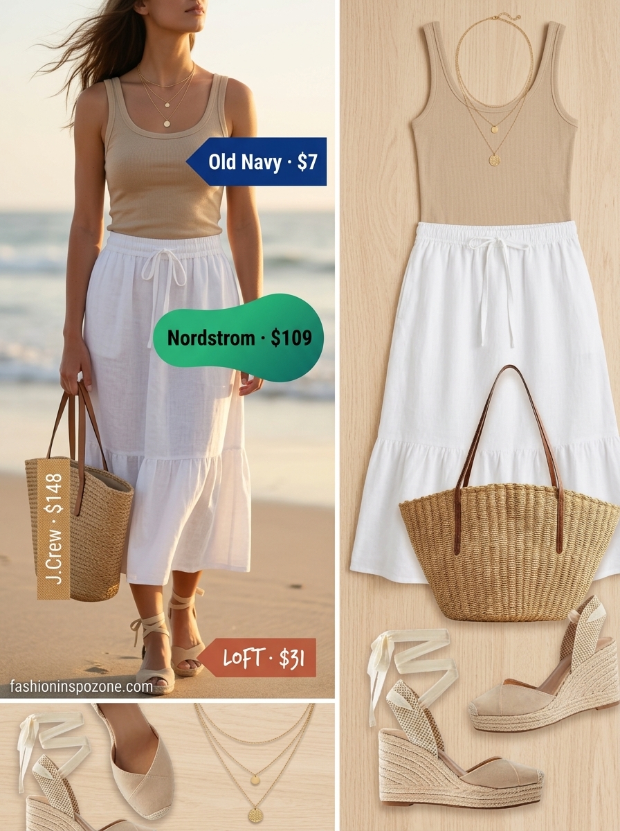 White linen midi skirt for casual every day summer outfits for women 2026. Effortless beach style with tank top and straw tote.
