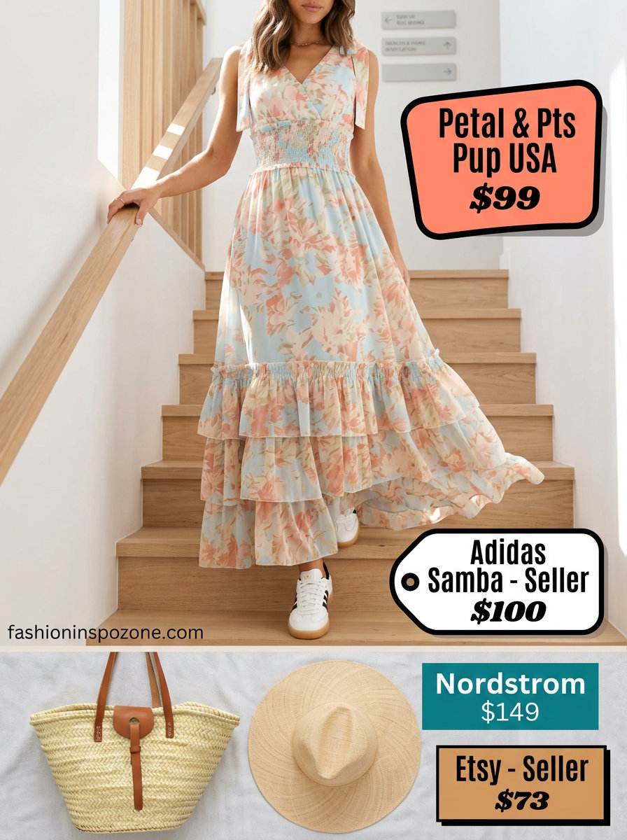 Casual summer outfits for women 2026: Flowy floral maxi dress, espadrille slides, and straw hat.