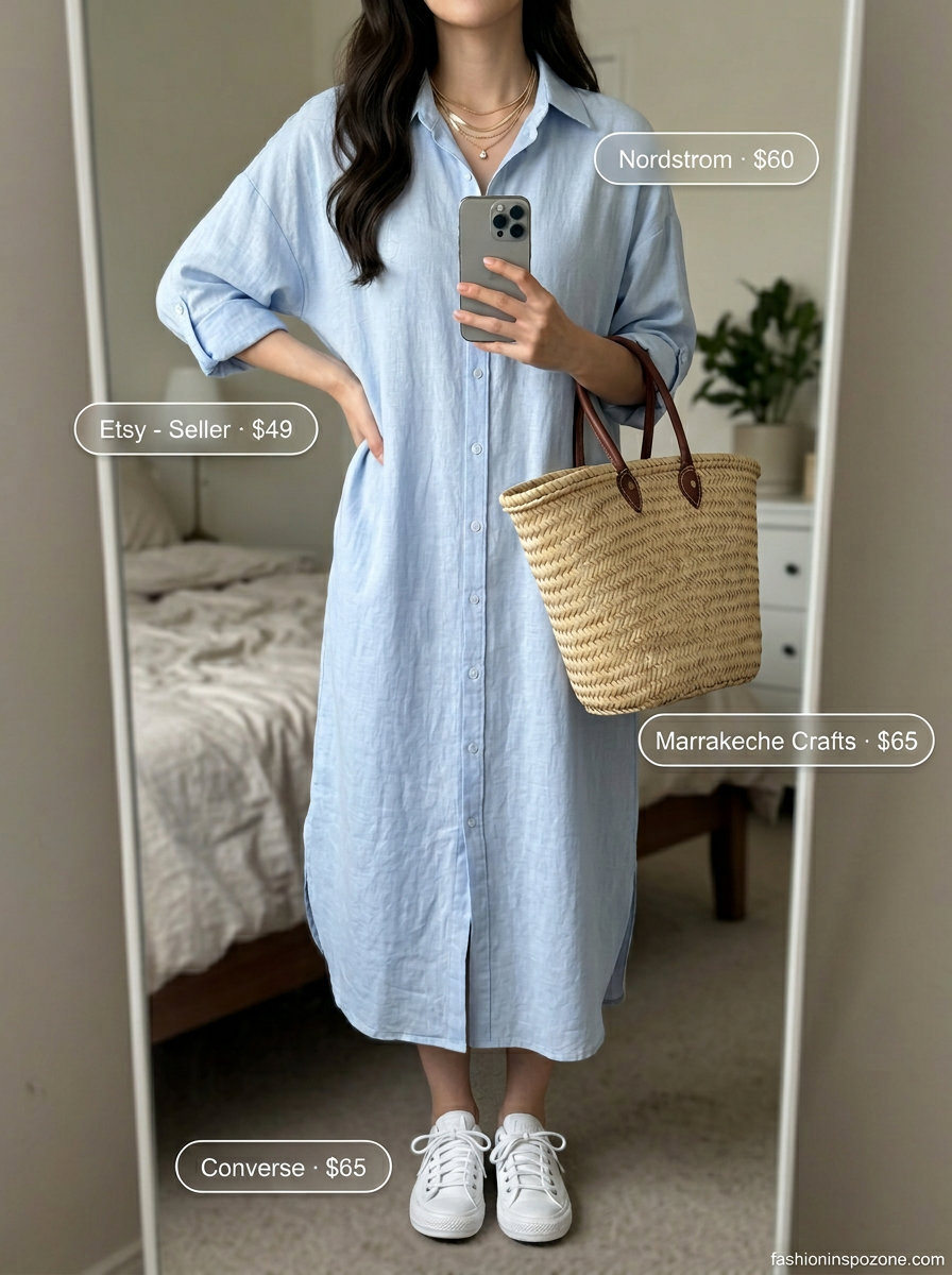 Casual summer outfits for women 2026: Sky blue midi shirt dress, straw tote, and white sneakers.