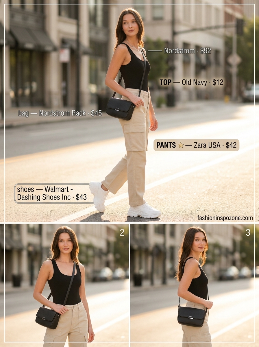 Casual summer outfits for women over 30 2026: Beige cargo pants, black bodysuit, chunky sneakers, silver necklace.