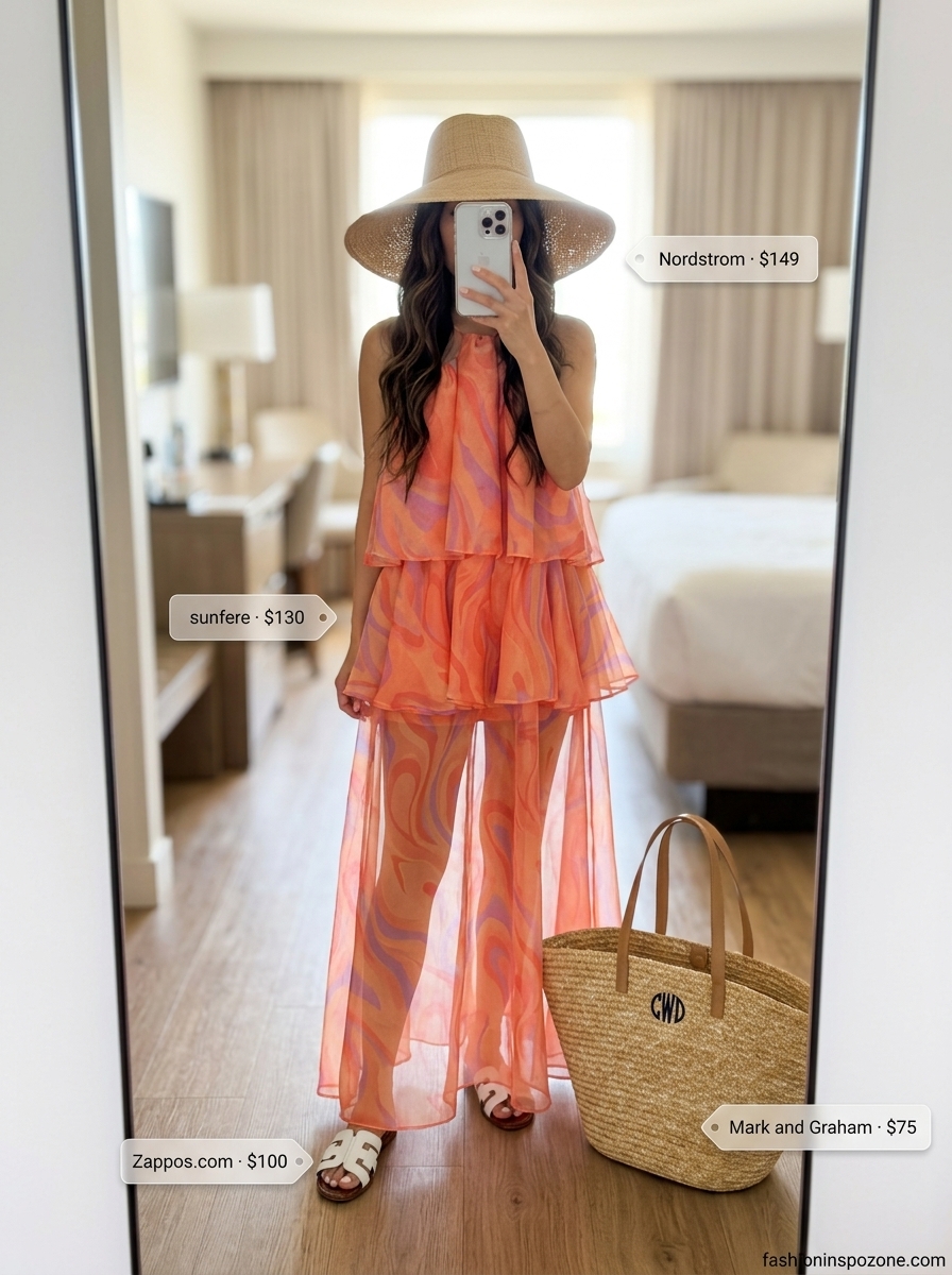 Casual summer outfits for women over 30 2026: Coral print maxi dress, white slides, straw hat for vacation.