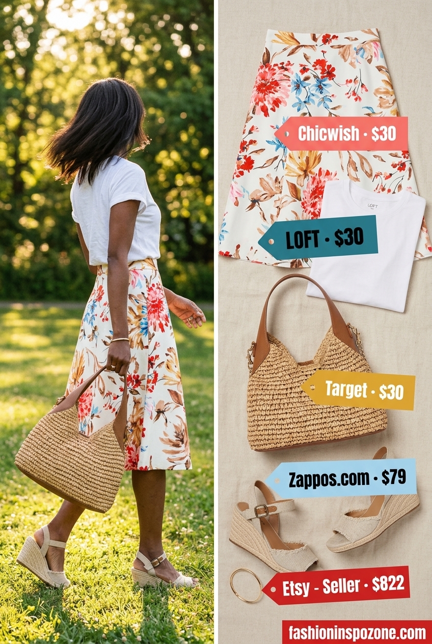 Casual summer outfits for women over 30 2026: Floral midi skirt, white tee, espadrilles, straw bag for picnic.