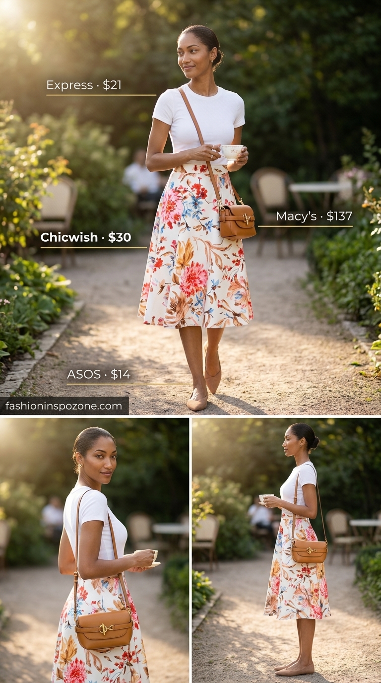 Casual summer outfits for women over 30 2026: Floral midi skirt, white tee, ballet flats for a garden visit.