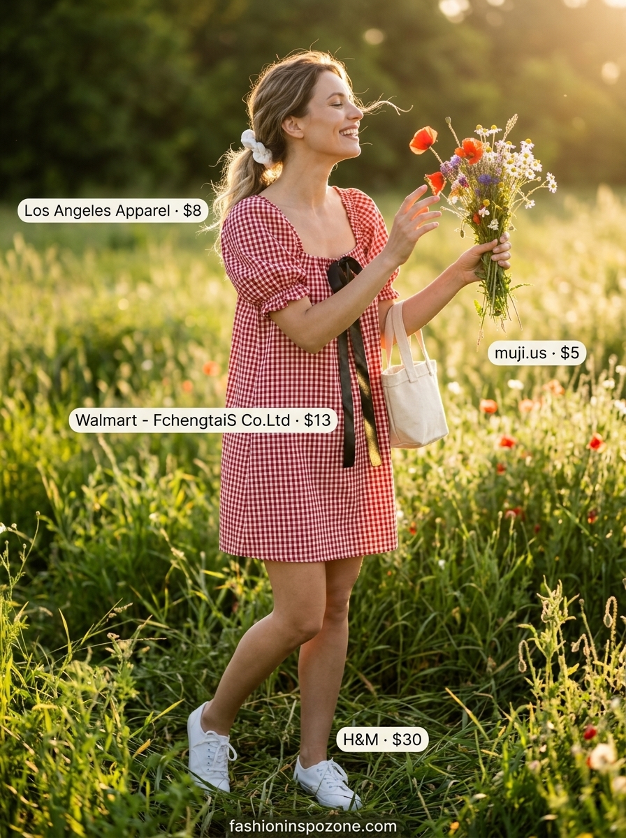 Casual summer outfits for women over 30 2026: Red gingham mini sundress, white sneakers, canvas tote for a picnic.