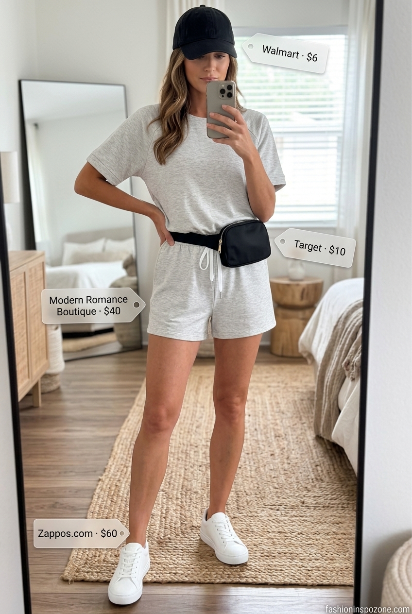 Casual summer outfits for women over 30 2026: Grey knit romper, white sneakers, black cap, belt bag.