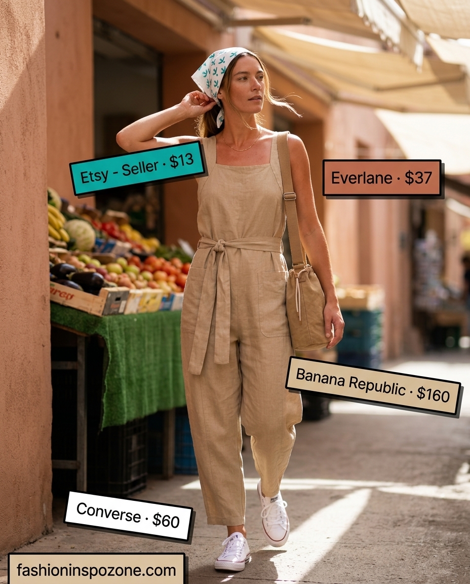 Casual summer outfits for women over 30 2026: Chambray utility jumpsuit, white sneakers, canvas crossbody for day out.