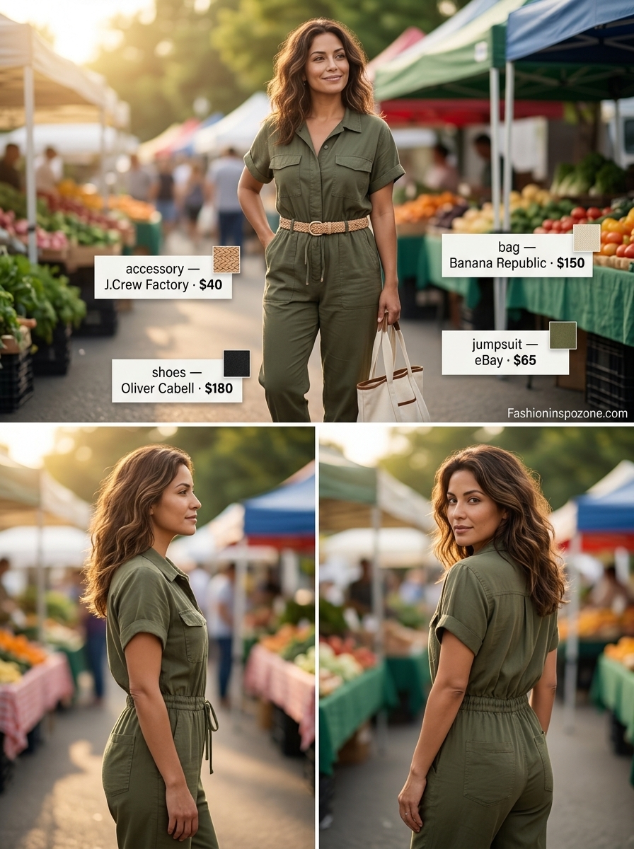 Casual summer outfits for women over 30 2026: Olive green utility jumpsuit with leather belt and sneakers.