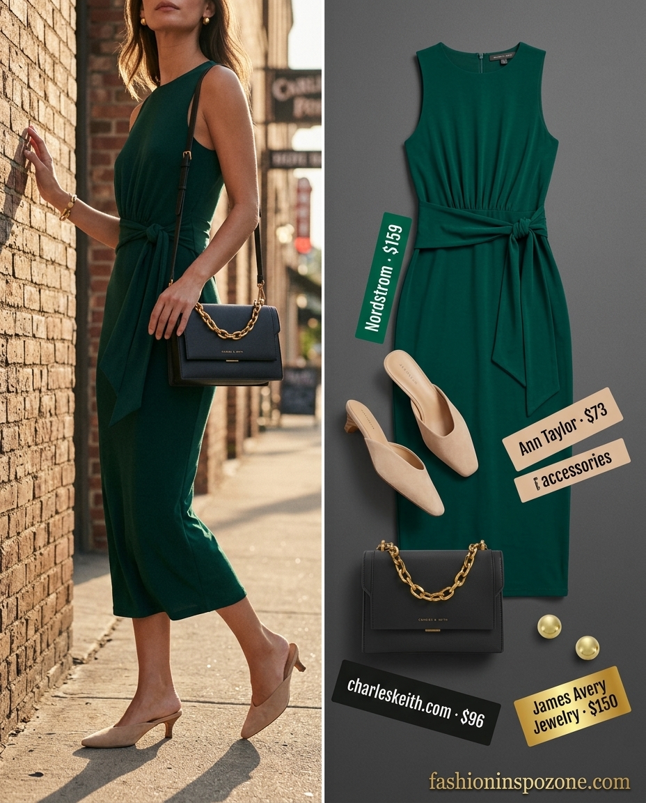 Casual summer outfits for women over 30 2026: Emerald green knit midi dress with heeled mules and crossbody bag.