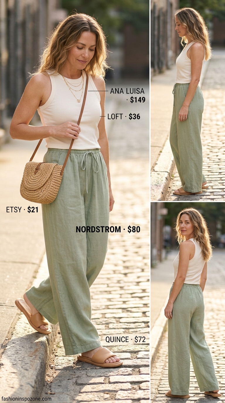 Casual summer outfits for women over 30 2026: Sage green linen pants, cream tank, leather slides, straw bag.
