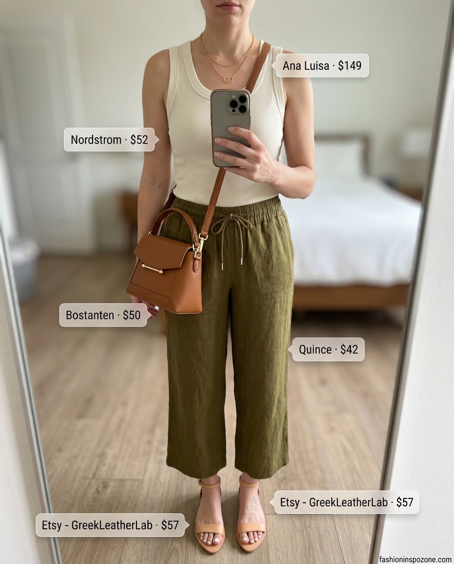 Casual summer outfits for women over 30 2026: Olive green linen pants with cream tank and tan sandals.
