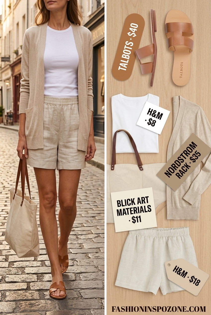 Casual summer outfits for women over 30 2026: Beige linen shorts, white tee, knit cardigan, leather slides.