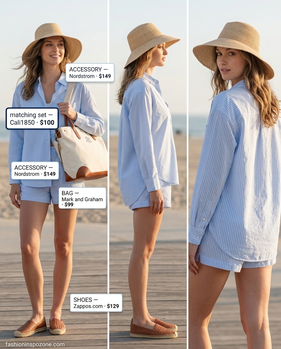 Casual summer outfits for women over 30 2026: Blue stripe linen shorts set, espadrilles, straw hat for travel.