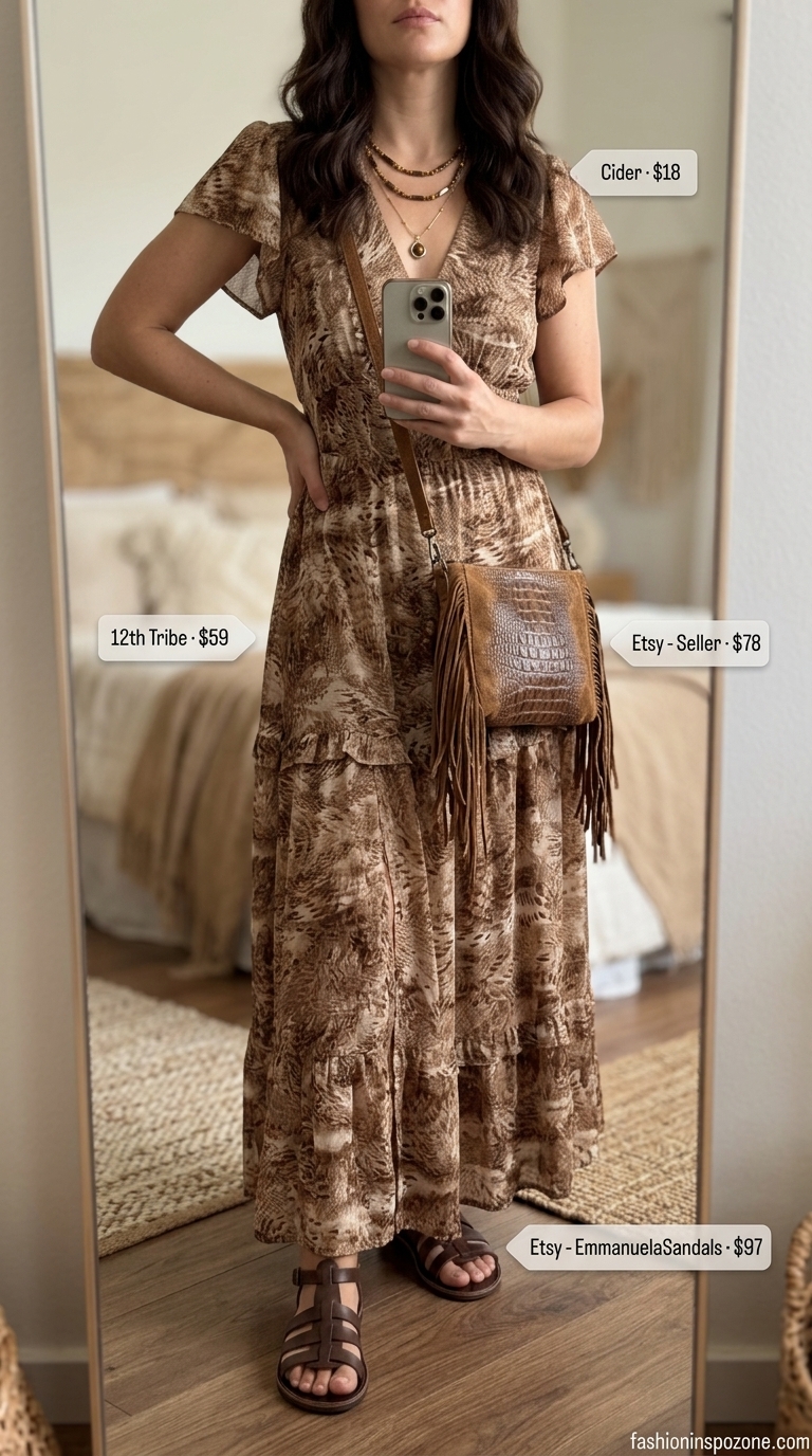 Casual summer outfits for women over 30 2026: Terracotta ethnic print maxi dress, gladiator sandals, fringe bag for vacation.