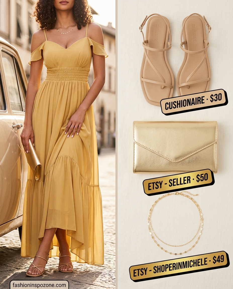 Casual summer outfits for women over 30 2026: Flowy golden yellow maxi dress for sunset drinks and date nights.