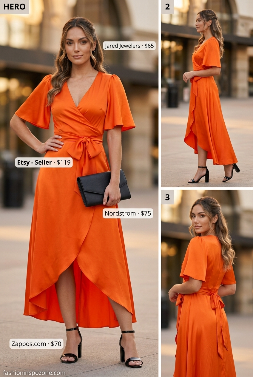 Casual summer outfits for women over 30 2026: Mango orange midi wrap dress, black heels, gold hoops for date night.