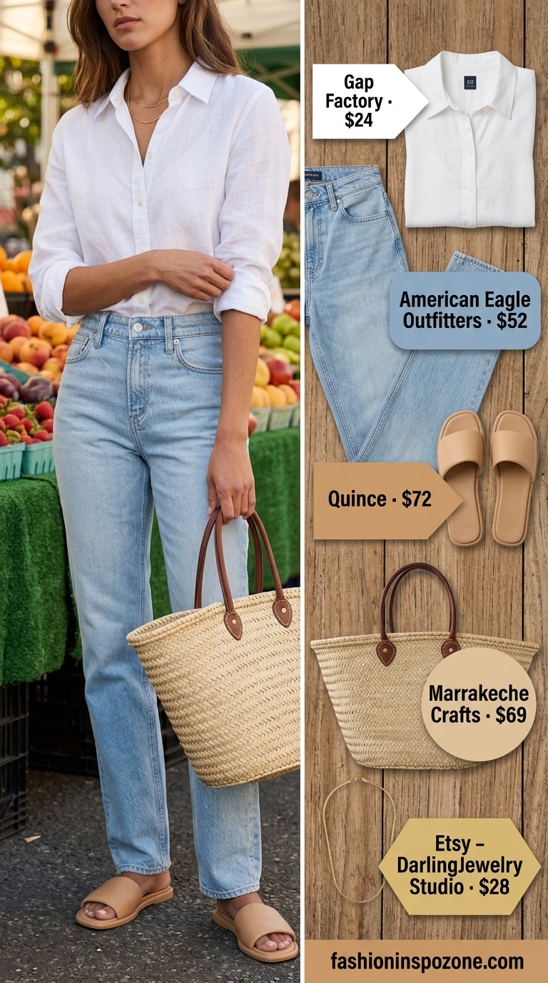 Casual summer outfits for women over 30 2026: Relaxed fit jeans with oversized linen shirt and straw tote.