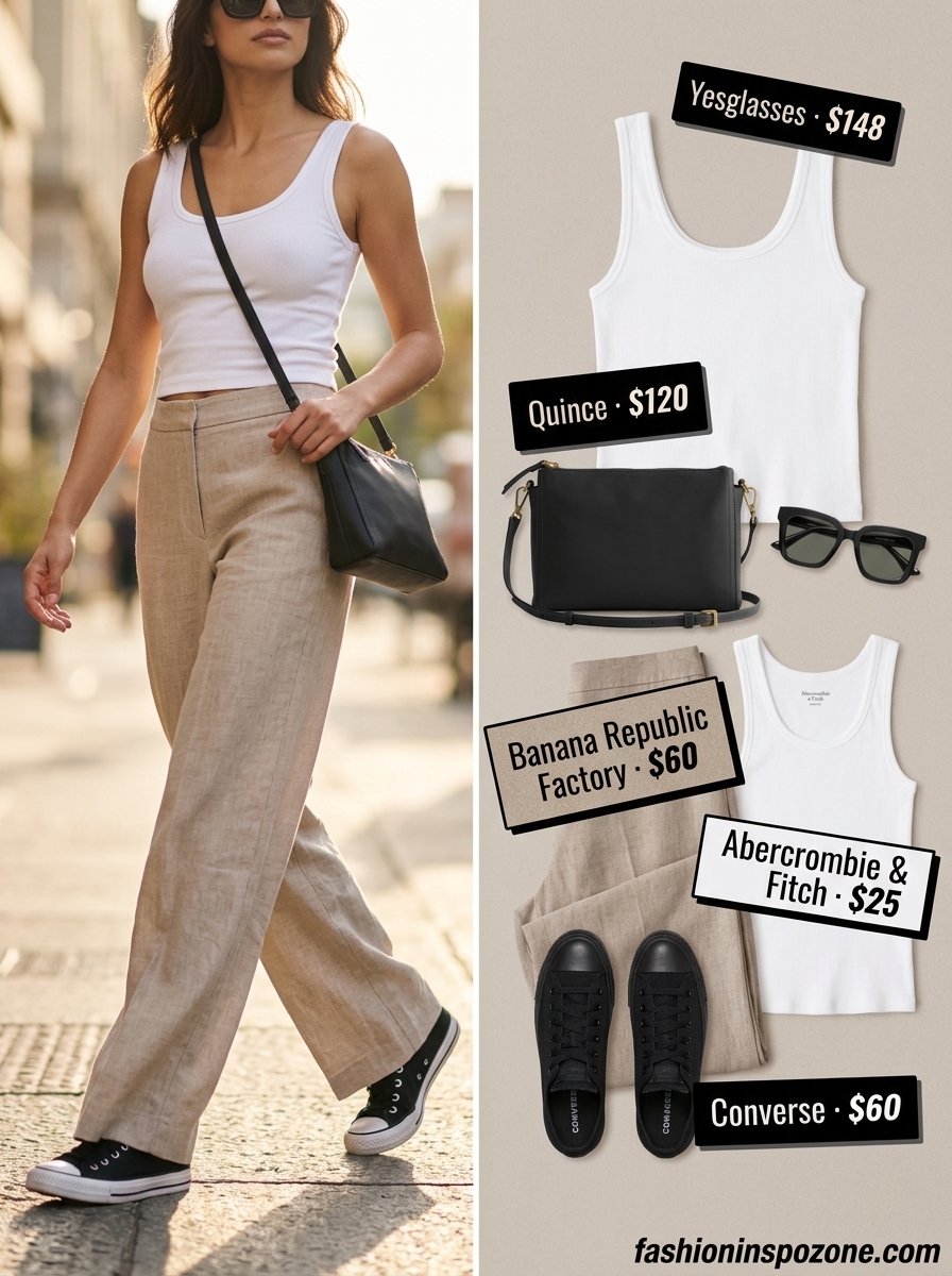 Casual summer outfits for women over 30 2026: Taupe linen pants with ribbed tank and canvas sneakers.