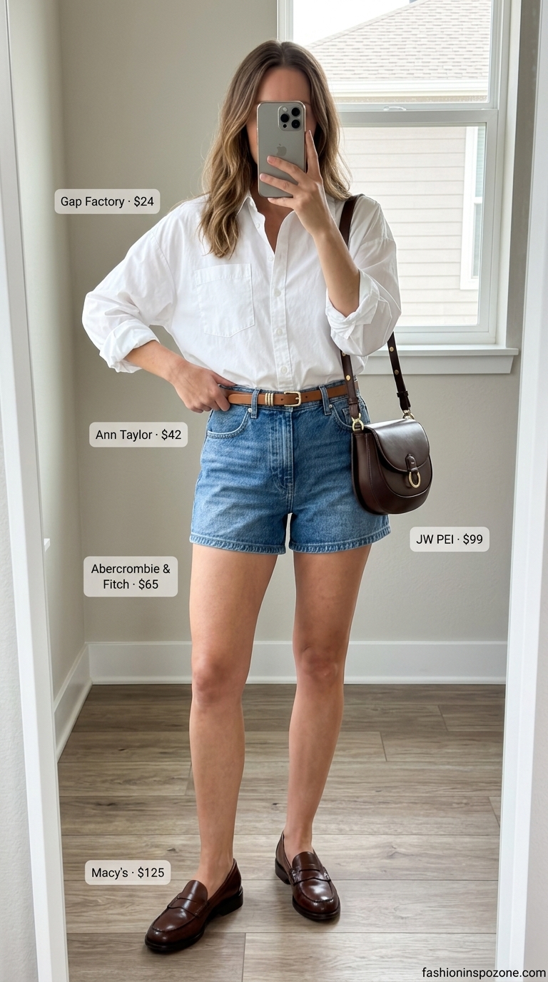 Casual summer outfits for women over 30 2026: Denim shorts, white oversized shirt, brown loafers for a relaxed weekend look.