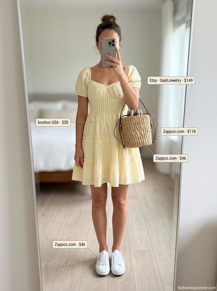Casual summer outfits for women over 30 2026: Yellow babydoll mini dress, white sneakers, straw bag for a picnic.
