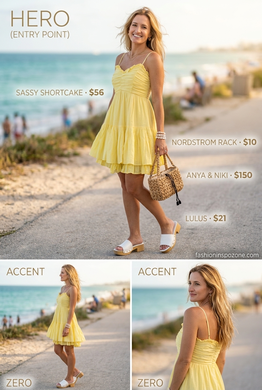 Casual summer outfits for women over 30 2026: Yellow mini sundress, white slides, straw tote for a sunny day.