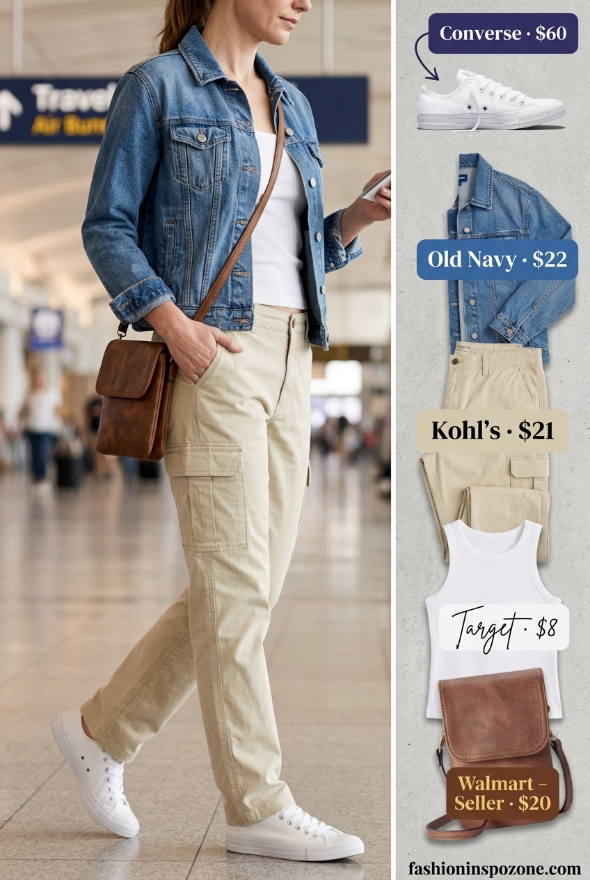 Khaki cargo pants and denim jacket for casual summer road trip outfits for women 2026. Practical and adventurous.