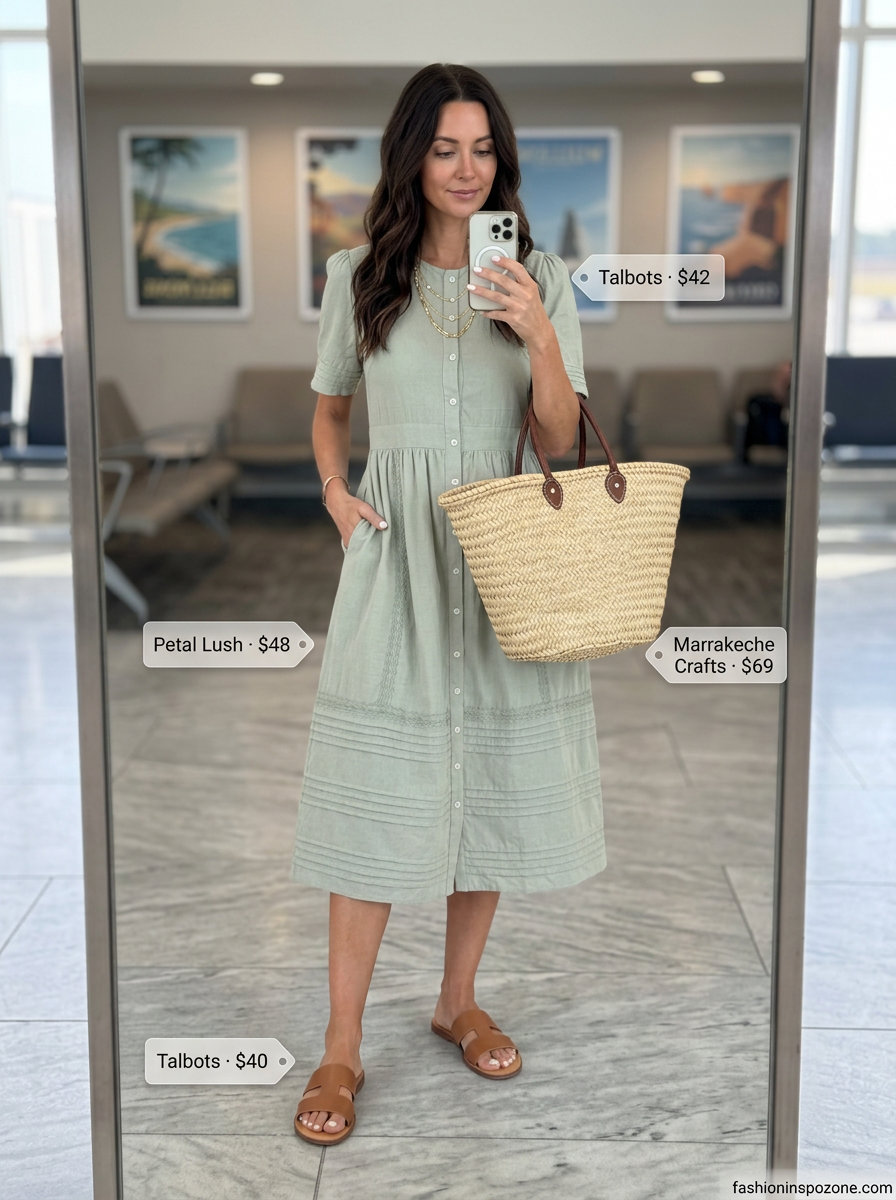 Earthy casual summer road trip outfits for women 2026: Sage green midi dress, straw tote, gold necklaces, leather slides.