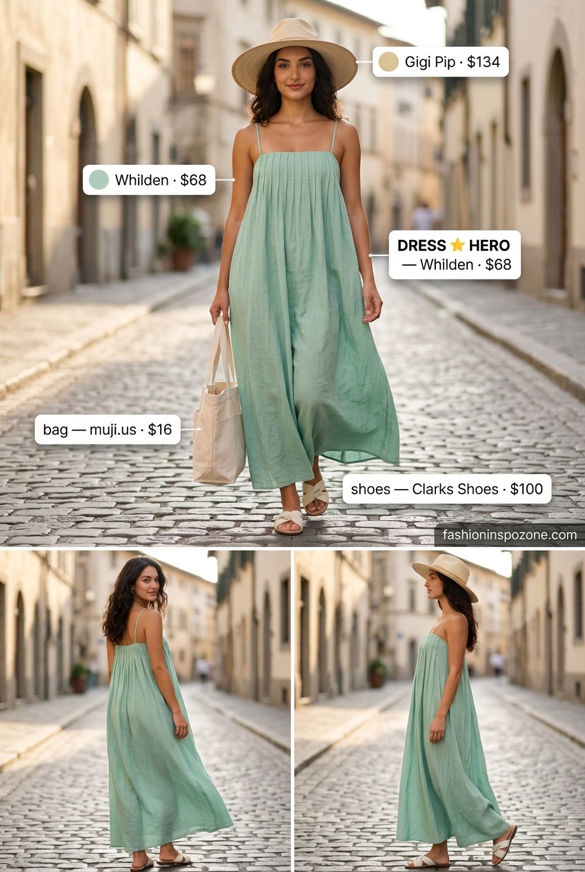 Bohemian casual summer road trip outfits for women 2026: Seafoam maxi dress, straw hat, canvas tote, leather slides.
