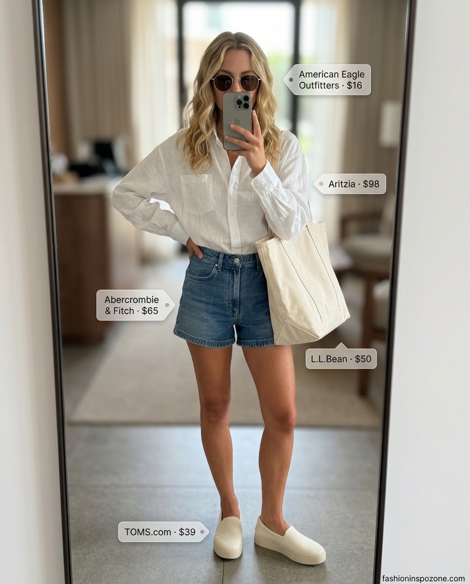 Effortless casual summer road trip outfits for women 2026: Denim shorts, oversized linen shirt, canvas tote, slip-on sneakers.