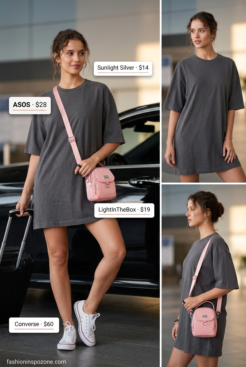 Comfortable charcoal grey t-shirt dress for casual summer road trip outfits for women 2026. Easygoing style.
