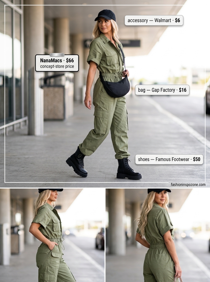 Edgy casual summer road trip outfits for women 2026: Olive utility jumpsuit, black combat boots, crossbody bag, baseball cap.