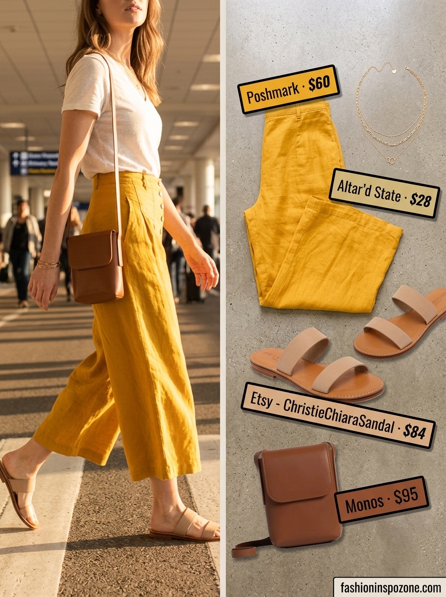 Sophisticated casual summer road trip outfits for women 2026: Yellow linen set, layered necklaces, tan crossbody, flat sandals.