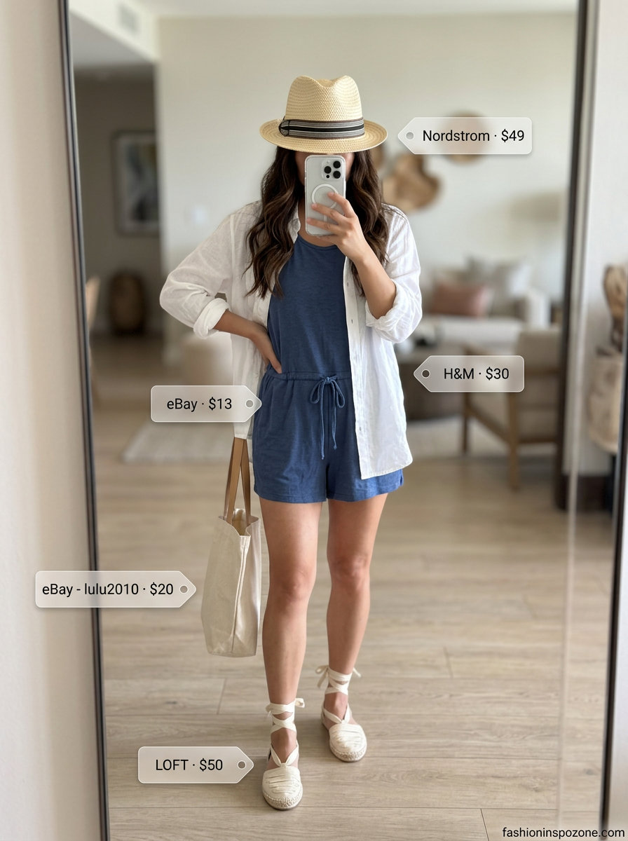 Navy romper, open white shirt, and fedora for casual summer road trip outfits for women 2026.