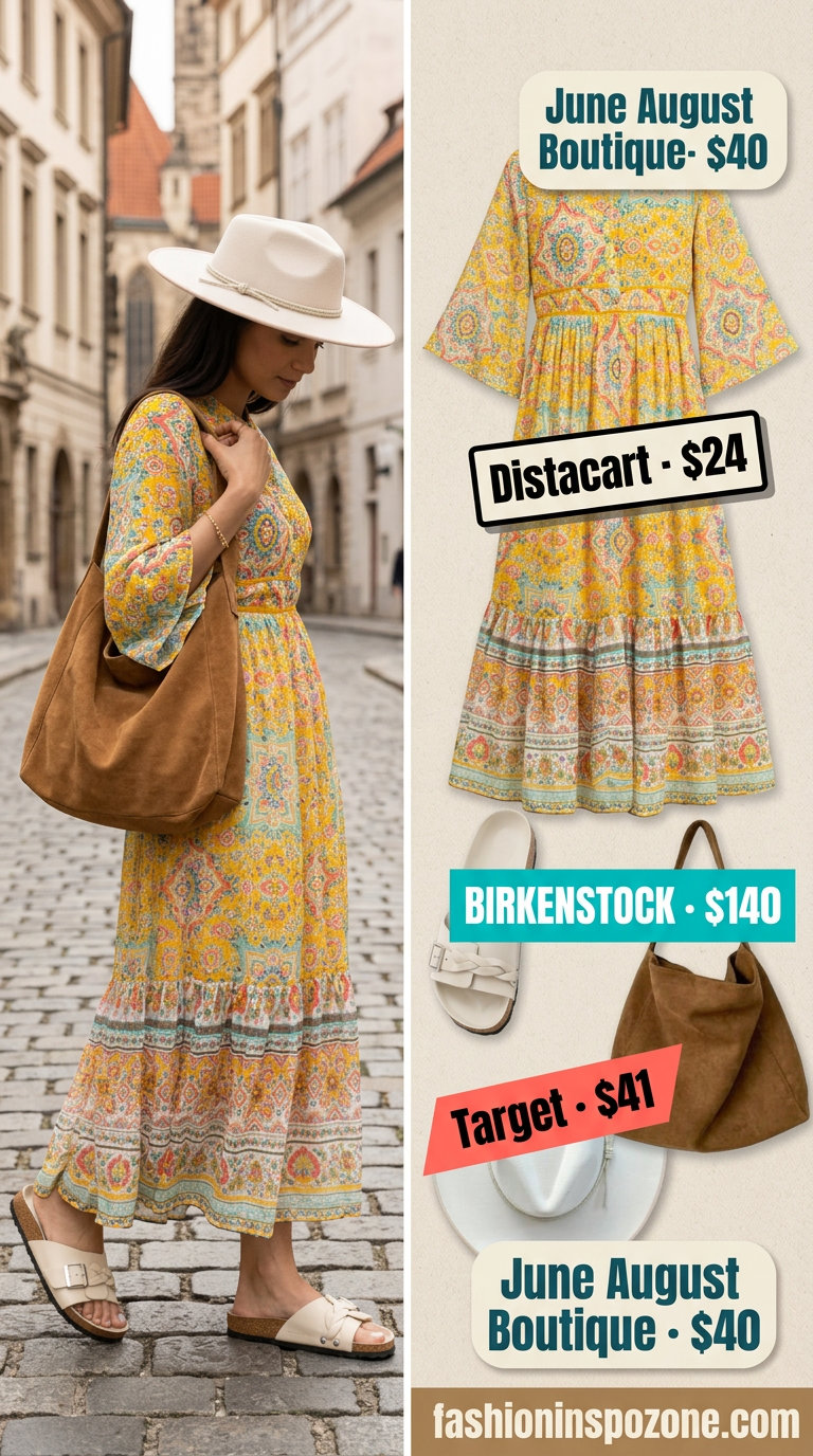 Mustard yellow floral maxi dress, tan hat & sandals for casual summer road trip outfits for women 2026.