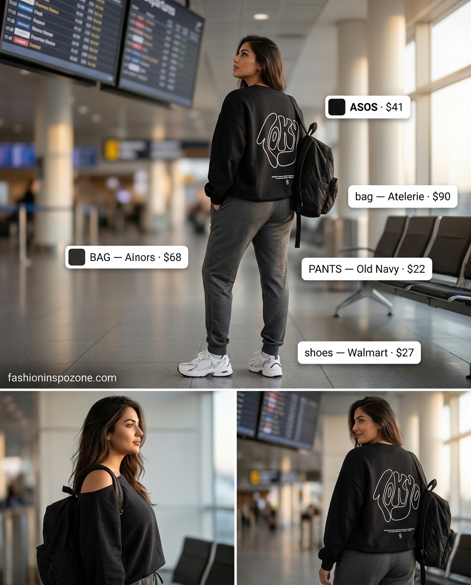 Cozy casual summer road trip outfits for women 2026: Grey sweatshirt, joggers, sneakers, beanie, backpack.