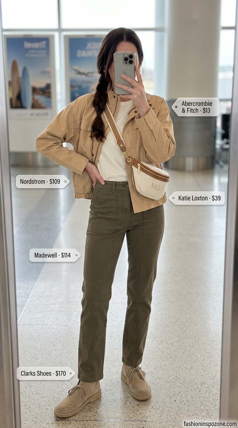 Utilitarian casual summer road trip outfits for women 2026: Olive pants, utility jacket, crewneck tee, desert boots, belt bag.