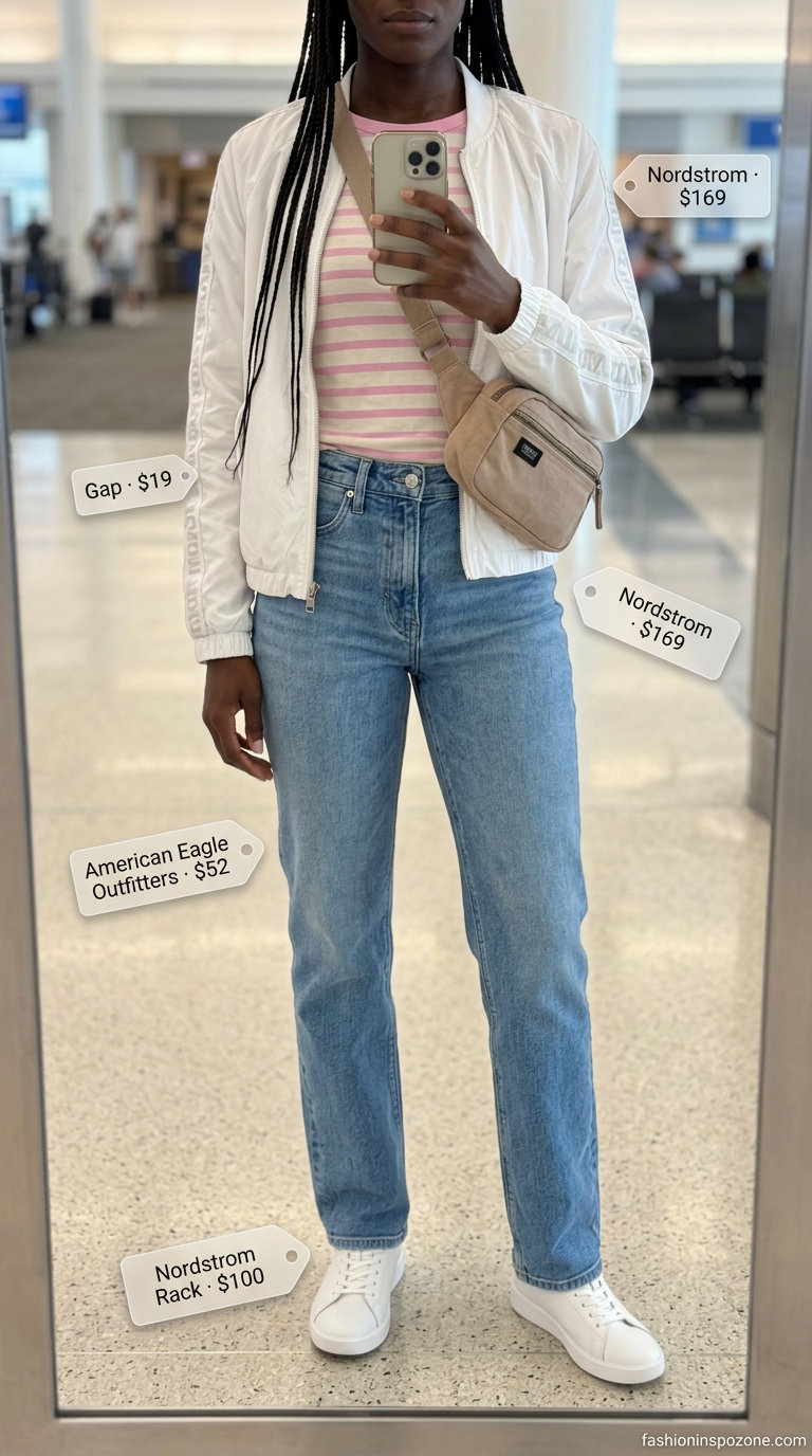 Casual summer road trip outfits for women 2026: Pink stripe tee, medium wash jeans, white bomber jacket, belt bag, sneakers.