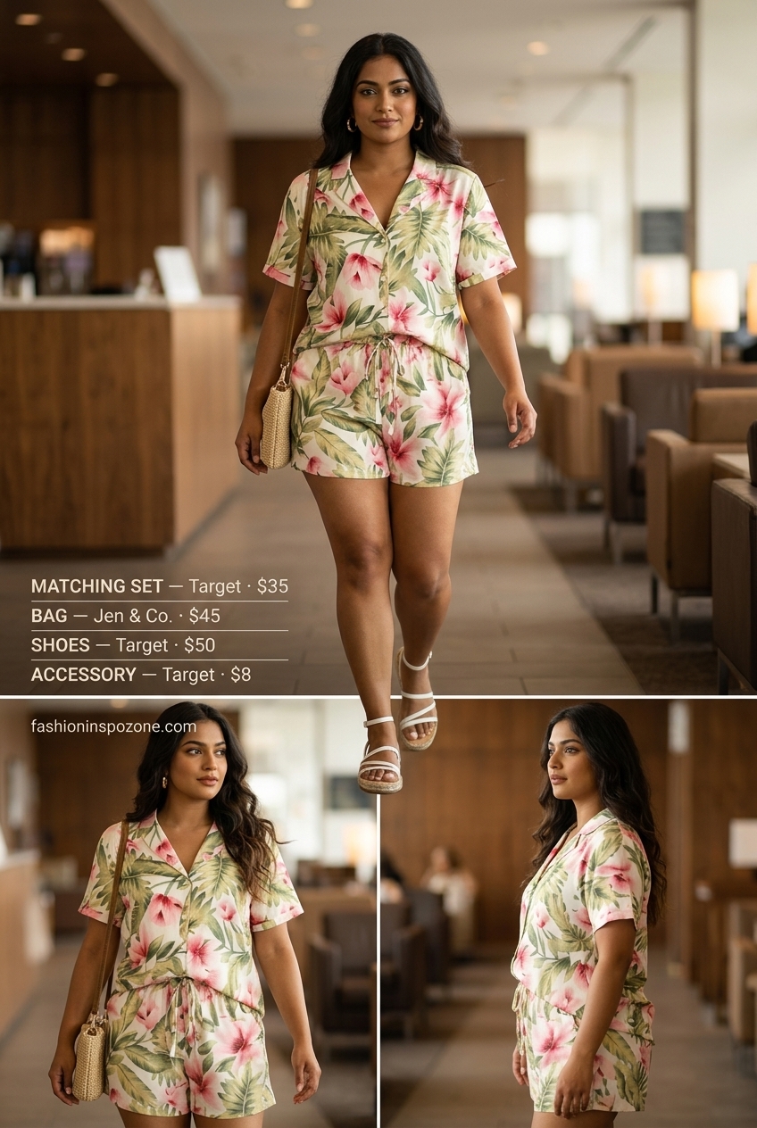 Coral tropical matching set, espadrilles, and straw bag for casual summer road trip outfits for women 2026.