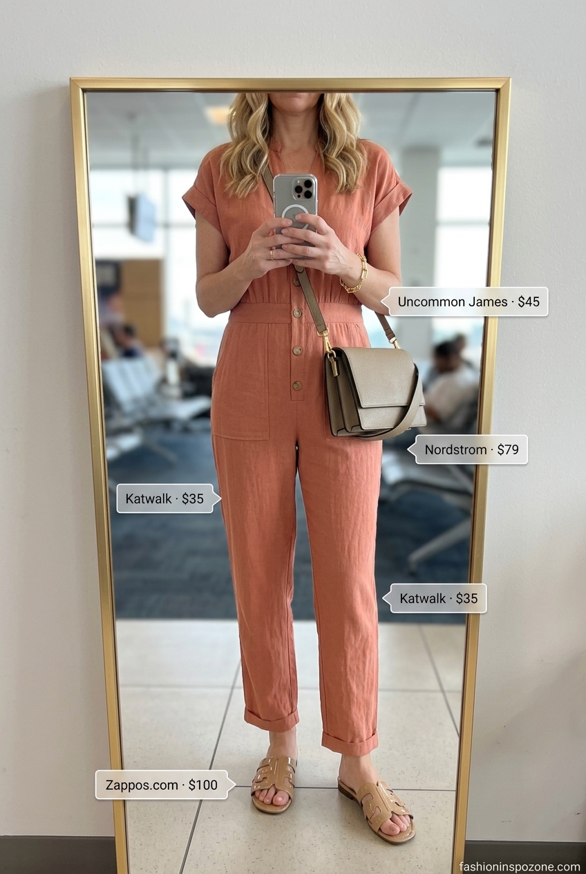 Chic casual summer road trip outfits for women 2026: Muted coral linen jumpsuit, gold bracelet, tan crossbody, cream sandals.