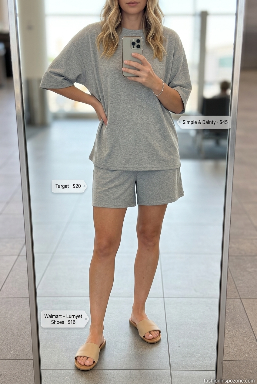 Grey lounge set, canvas tote, and slides for casual summer road trip outfits for women 2026.