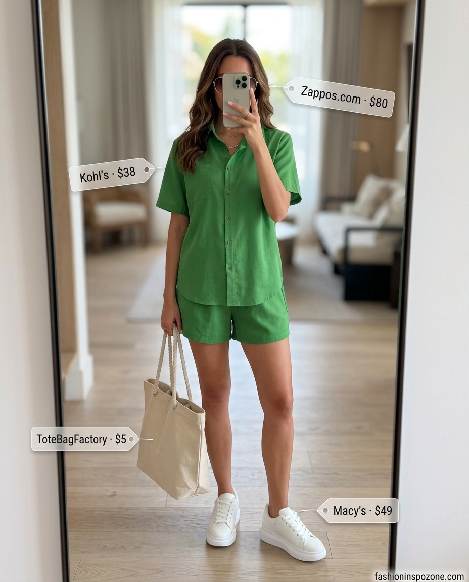 Mint green linen blend matching set for casual summer road trip outfits for women 2026. Chic and effortless sightseeing style.