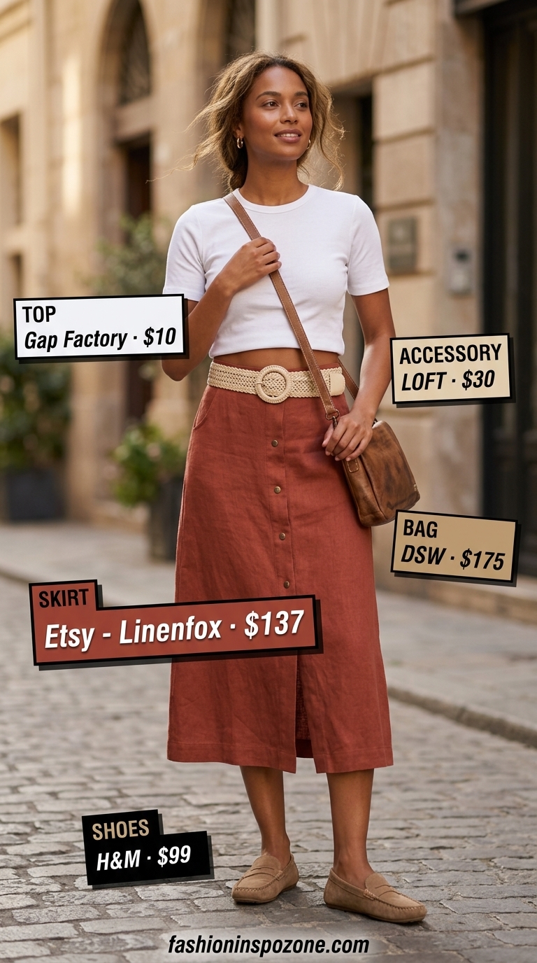 Terracotta linen skirt outfit for casual summer road trip outfits for women 2026. Earthy tones, relaxed fit.