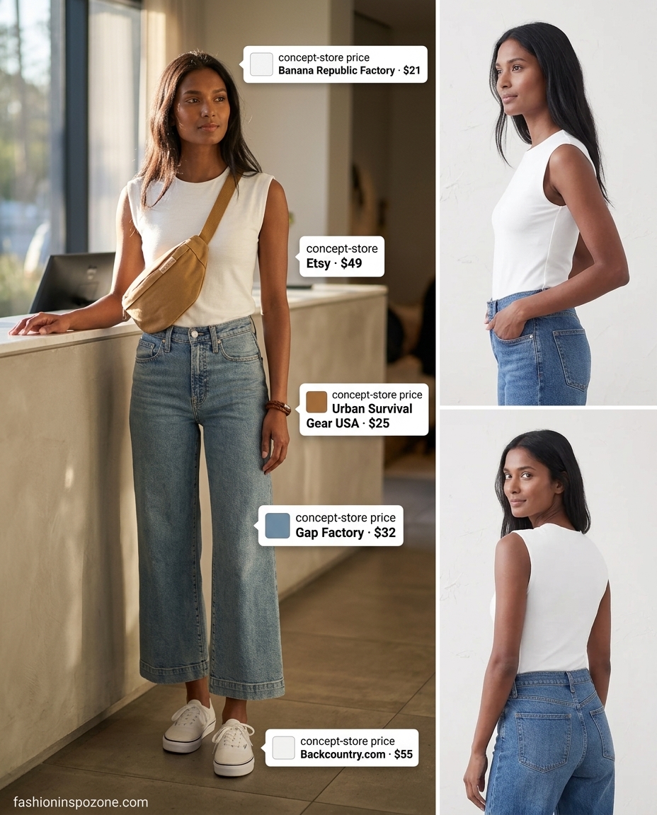 Denim wide-leg pants, white tee, and canvas sneakers for casual summer road trip outfits for women 2026.
