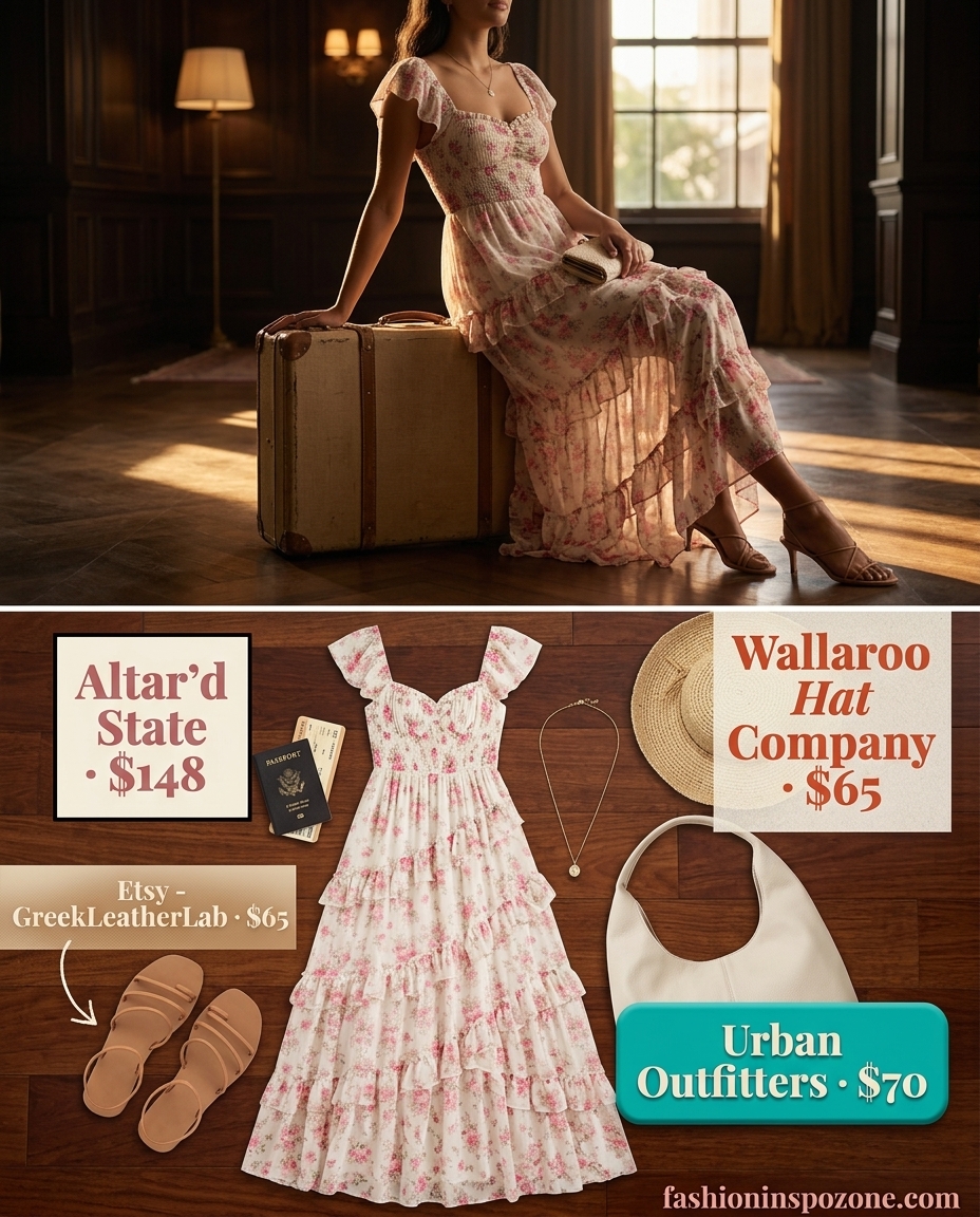 Bohemian casual summer road trip outfits for women 2026: Dusty rose maxi dress, straw hat, slouchy hobo bag, leather sandals.