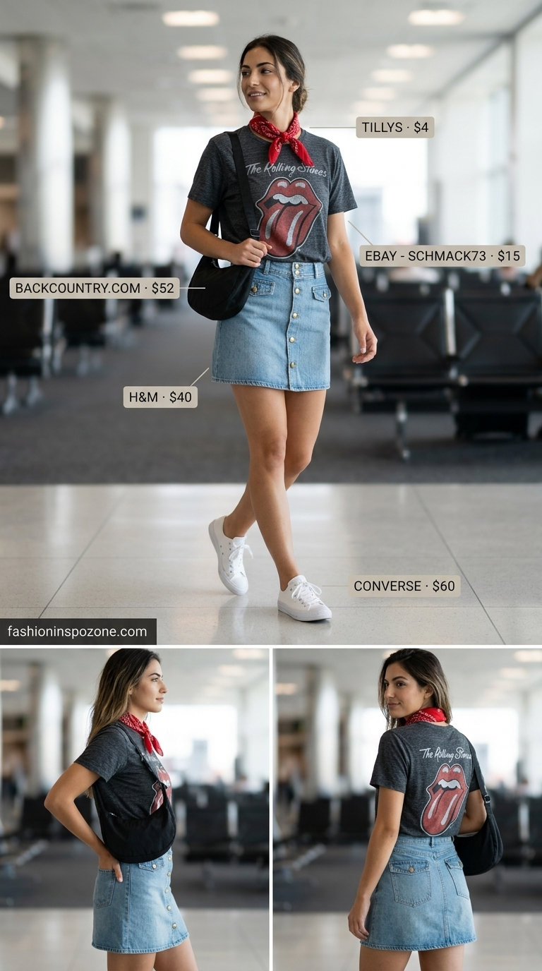 Denim mini skirt, graphic tee, and bandana for casual summer road trip outfits for women 2026.