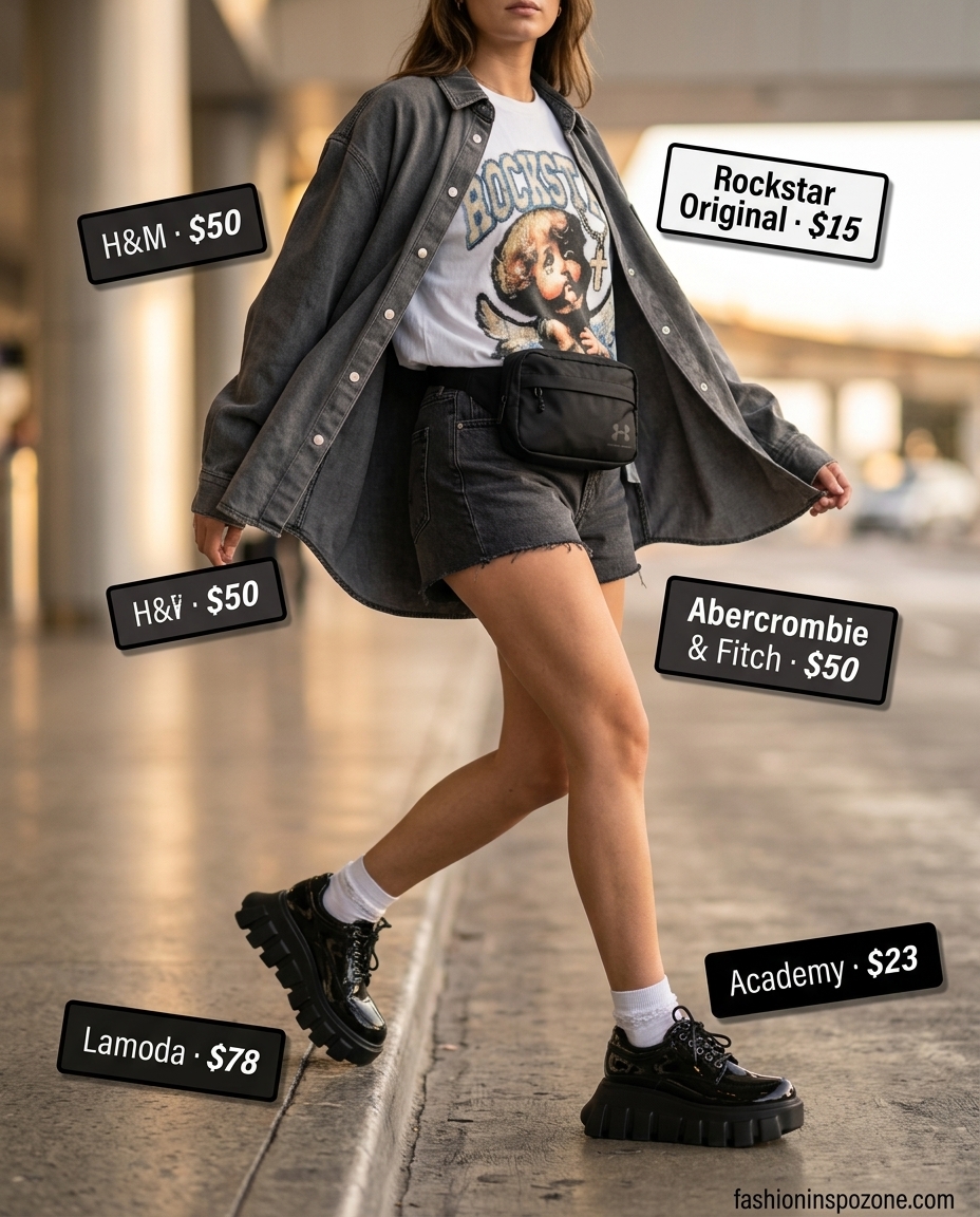 Edgy black denim shorts outfit for casual summer road trip outfits for women 2026. Streetwear vibe.